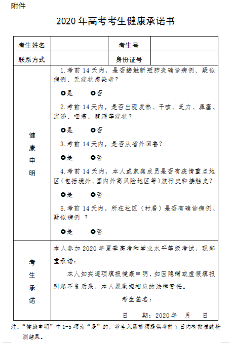 2020年高考考生健康承诺书(样张)